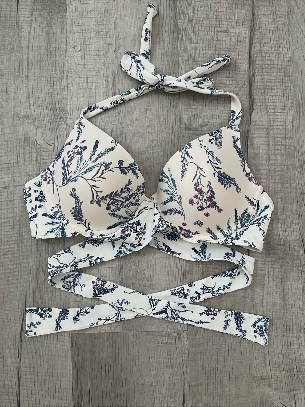 Adore Me Floral Bikini Top 36D Wrap Waist Tie Neck Purple Green Swimwear NWOT